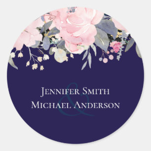 Navy Blue Pink Floral Modern Wedding Budget Classic Round Sticker