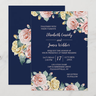 Navy Blue Pink Floral Pretty Wedding Invitation