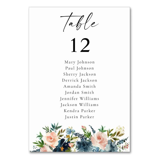 Navy Blue & Pink Floral Table Number Seating Chart (Front)