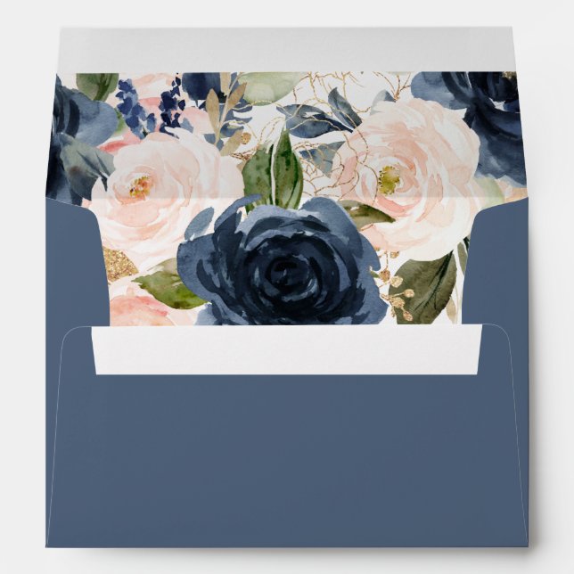 Navy Blue Pink Floral Watercolor Envelope (Back (Bottom))