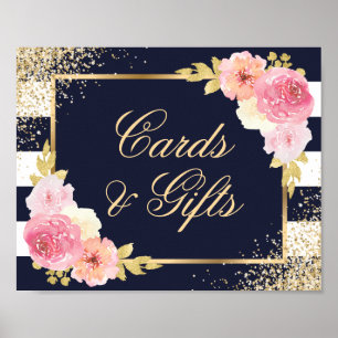 Navy Blue Pink Floral Wedding Cards and Gifts Sign