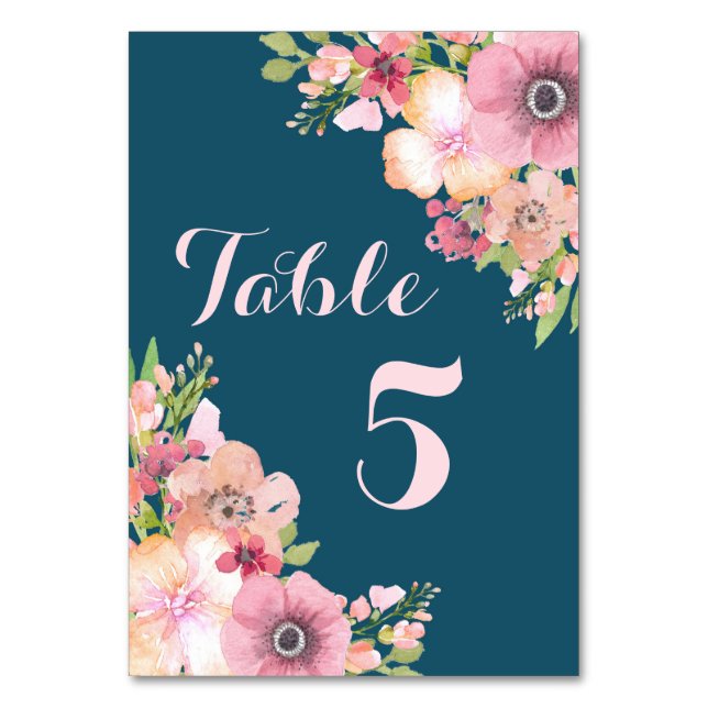 Navy Blue Pink Floral Wedding Table Number (Front)