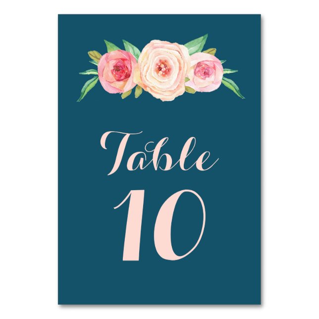 Navy Blue Pink Floral Wedding Table Number Cards (Front)