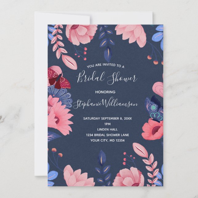 Navy Blue Pink Floral White Letters Bridal Shower Invitation (Front)