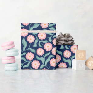 Navy Blue Pink Floral Wrapping Paper Cute Botani