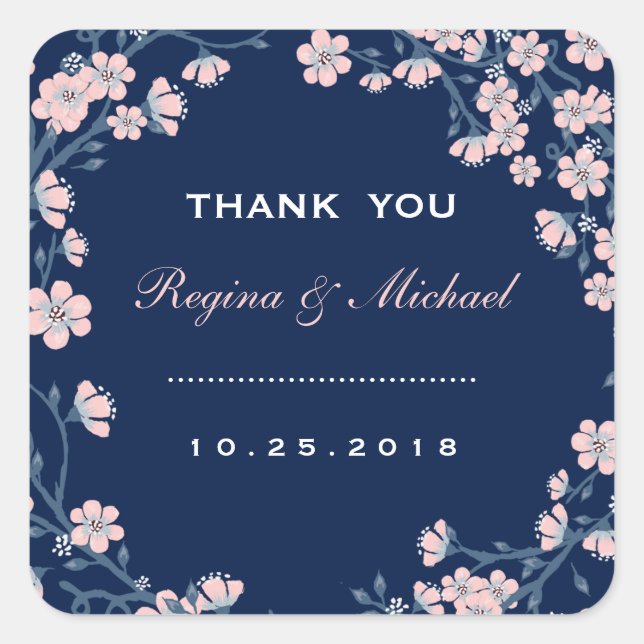 Navy Blue Pink Floral Wreath Wedding Favour Sticke Square Sticker (Front)