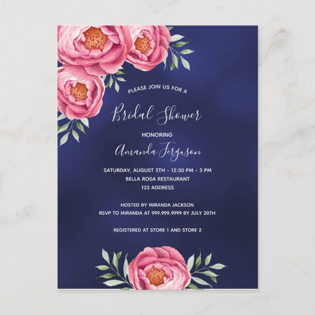 Navy blue pink florals Bridal Shower invitation Postcard (Front)