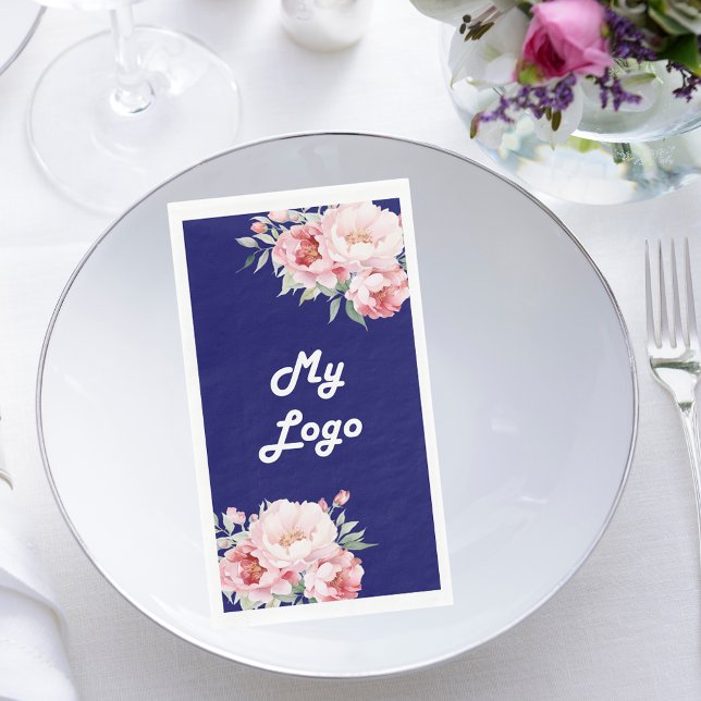 Navy blue pink florals business logo napkin (Creator Uploaded)