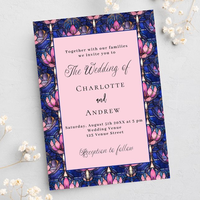 Navy blue pink florals retro wedding invitation (Creator Uploaded)