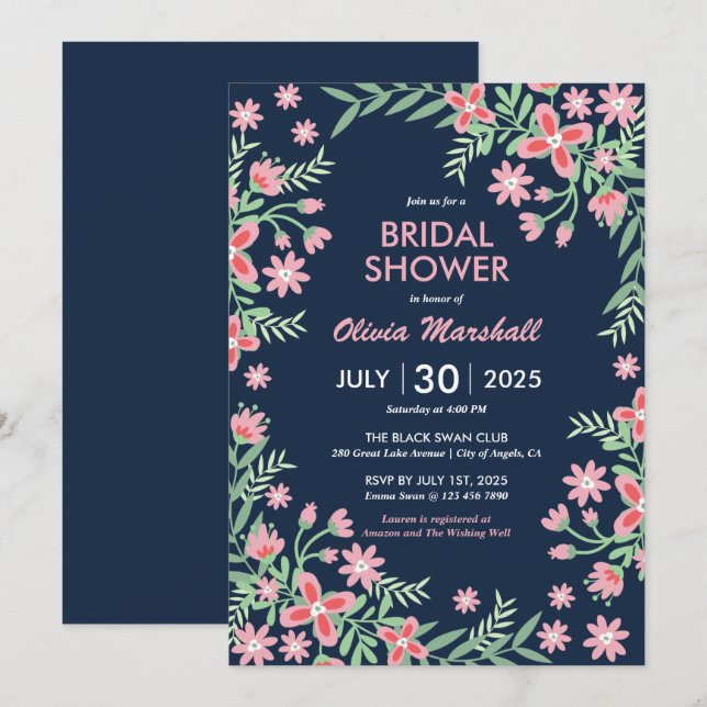 Navy Blue Pink Flower Swirl Floral Bridal Shower Invitation (Front/Back)