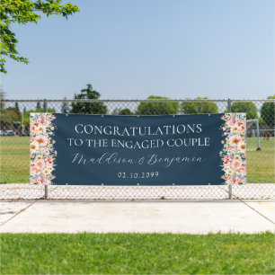 Navy Blue Pink Flowers Congratulations Engagement Banner