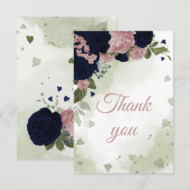 navy blue & pink flowers greenery botanical thank you card (Front/Back)