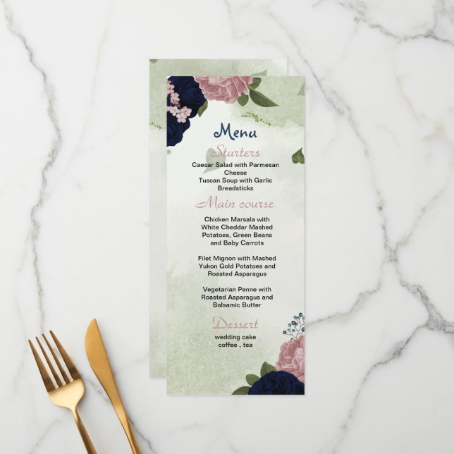 navy blue & pink flowers greenery wedding menu (Front/Back In Situ)