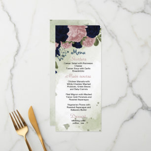 navy blue & pink flowers greenery wedding menu