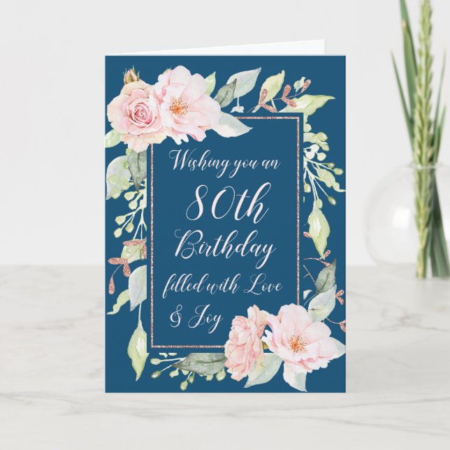 Navy Blue Pink Flowers Happy 80th Birthday Card (Front)