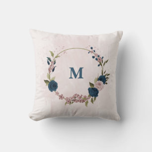 navy blue pink flowers throw pillow