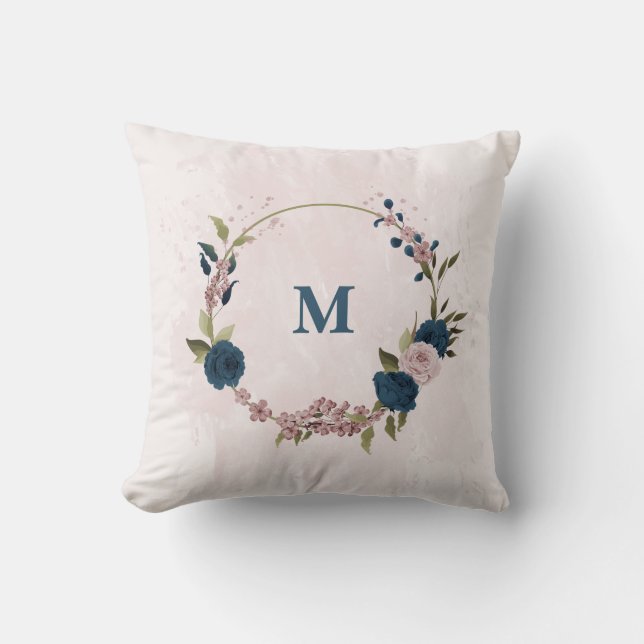 navy blue pink flowers  throw pillow (Front)