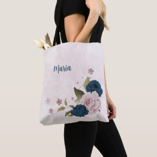 navy blue pink flowers tote bag