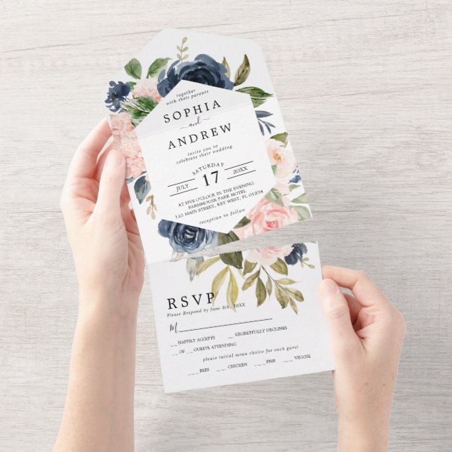Navy Blue & Pink Flowers Wedding All In One Invitation (Tearaway)