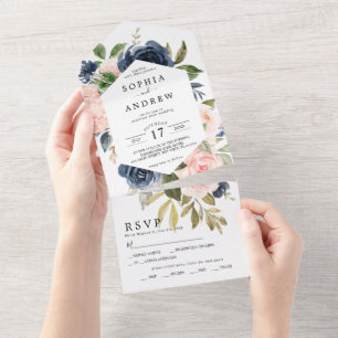 Navy Blue & Pink Flowers Wedding All In One Invitation