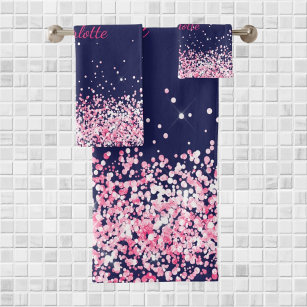Navy blue pink glitter dust girl name bath towel set
