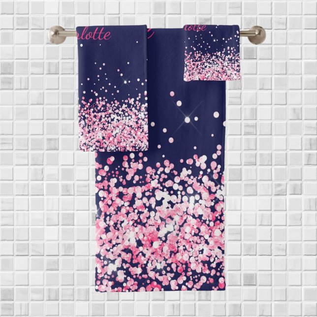 Navy blue pink glitter dust girl name bath towel set (Creator Uploaded)