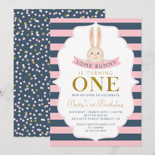 Navy Blue & Pink Gold Some Bunny First Birthday Invitation (Front/Back)