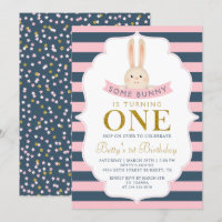 Navy Blue & Pink Gold Some Bunny First Birthday