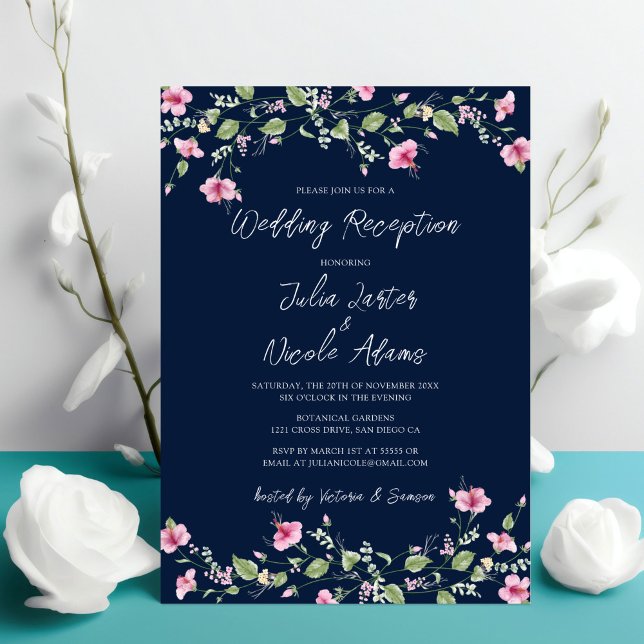 Navy Blue Pink Hibiscus Bloom Wedding Reception Invitation (Creator Uploaded)