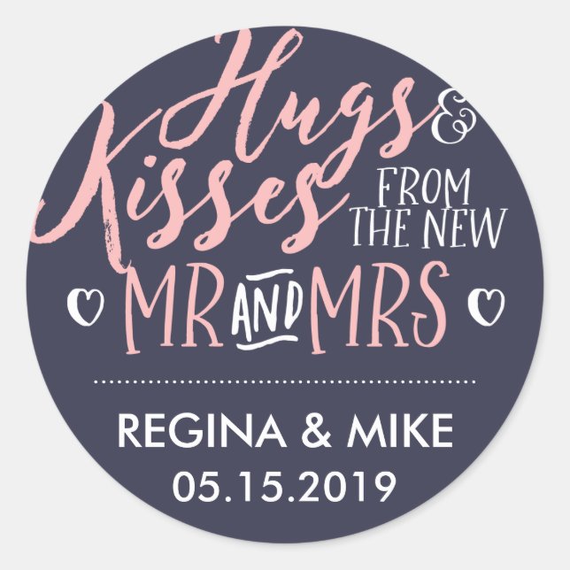 Navy Blue Pink Hug and Kisses From New Mr and Mrs Classic Round Sticker (Front)