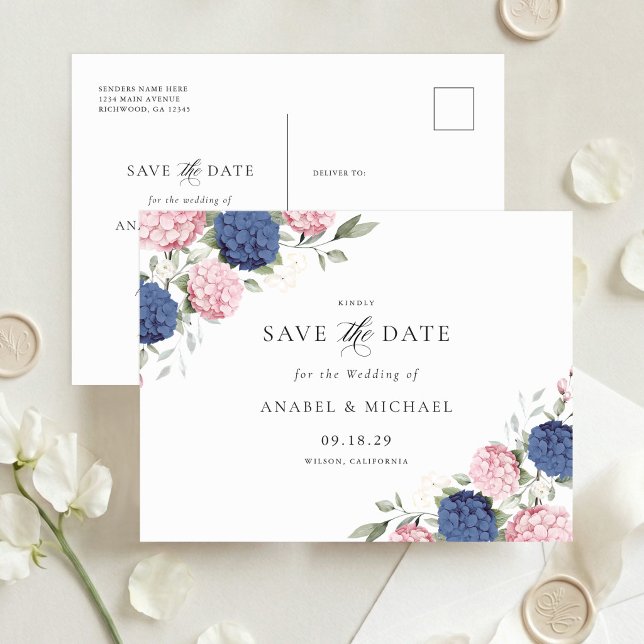 Navy Blue & Pink Hydrangea Save the Date Postcard (Creator Uploaded)
