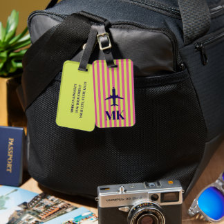 Navy Blue Pink Lime Airplane Striped Monogrammed Luggage Tag