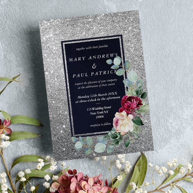 Navy blue pink mint silver glitter floral Wedding  Invitation (Navy blue pink mint silver glitter floral Wedding )