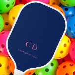 Navy blue pink monogram initials name pickleball paddle<br><div class="desc">A navy blue coloured background.  Personalize and add your monogram initials,  letters and full name. Pink letters.</div>