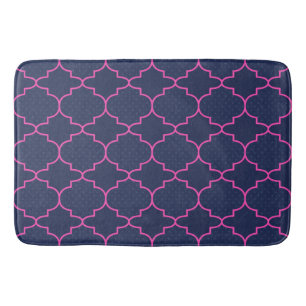 Navy Blue Pink Moroccan Pattern With Polka Dots Bath Mat