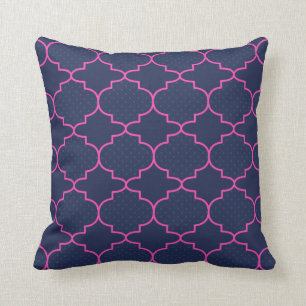 Navy Blue Pink Moroccan Pattern With Polka Dots Throw Pillow