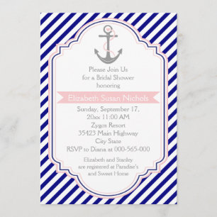 Navy blue, pink nautical wedding bridal shower invitation