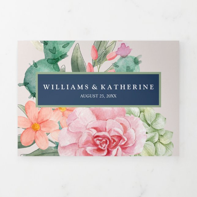 Navy Blue Pink & Peach Floral Winter Wedding Tri-Fold Invitation (Cover)
