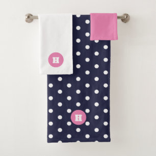 Navy Blue Pink Polka Dot Monogram Bath Towel Set