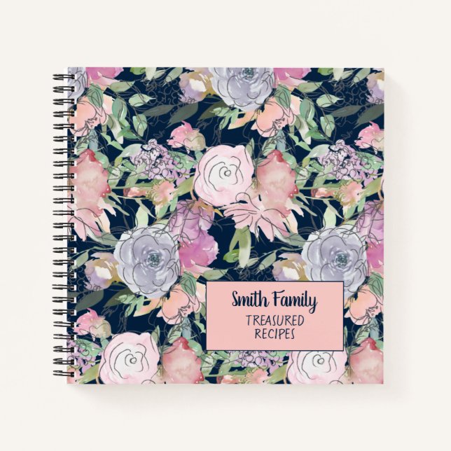 Navy Blue Pink Purple Hand Drawn Floral Recipe Notebook (Front)