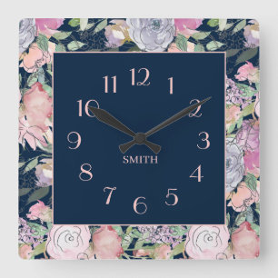 Navy Blue Pink Purple Hand Drawn Floral  Square Wall Clock