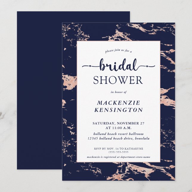 Navy Blue Pink Rose Gold Foil Marble Bridal Shower Invitation (Front/Back)