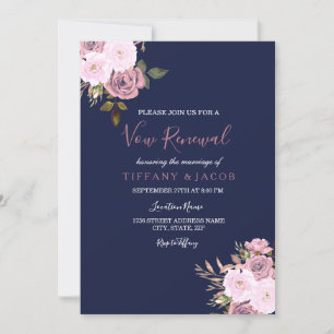 Navy Blue Pink & Rose Vow Renewal Invite