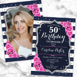 Navy Blue Pink Silver Photo 50th Birthday Invitation<br><div class="desc">Elegant floral feminine 50th birthday invitation with your photo at the back of the card. Glam navy white pink design with faux glitter silver. Features navy blue and white stripes, baby pink roses, script font and confetti. Perfect for a stylish adult bday celebration party. Personalise with your own details. Can...</div>