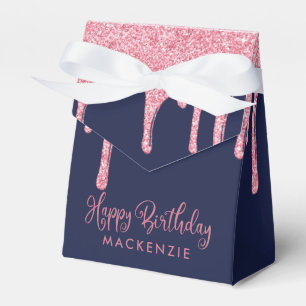 Navy Blue Pink Sparkle Glitter Drips Birthday Favor Box