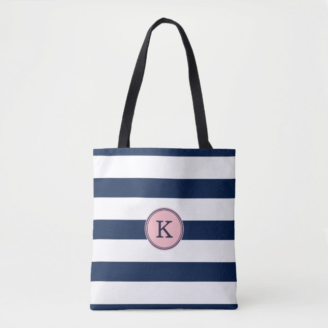 Navy Blue Pink Striped Monogram Tote Bag (Front)