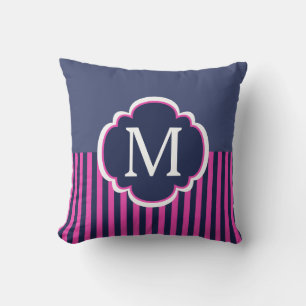Navy Blue Pink Stripes Monogram Throw Pillow