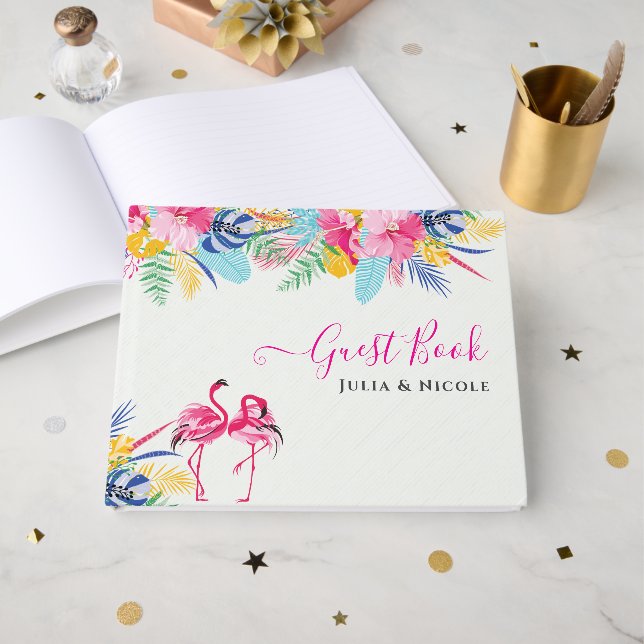 Navy Blue Pink Tropical Wild Rain Forest Wedding Guest Book (Front Open)