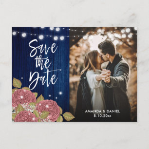 Navy Blue Pink Wedding Photo Save The Date Announcement Postcard