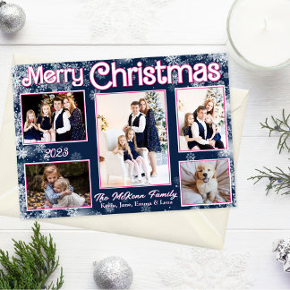 Navy Blue | Pink | White Snowflakes Holiday Card